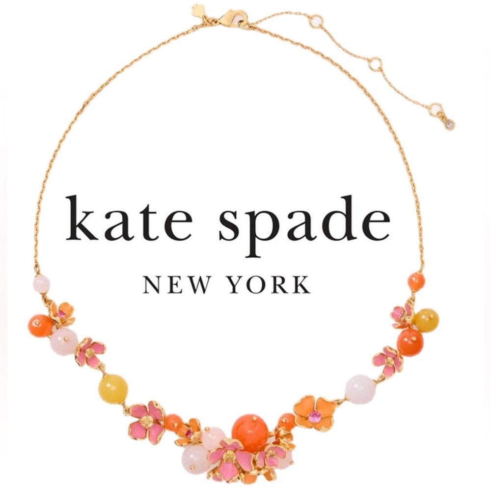 🎁 Freshly Picked Statement Gold Tone Necklace - Floral Pink, Orange & Yellow 🌸🧡🌼